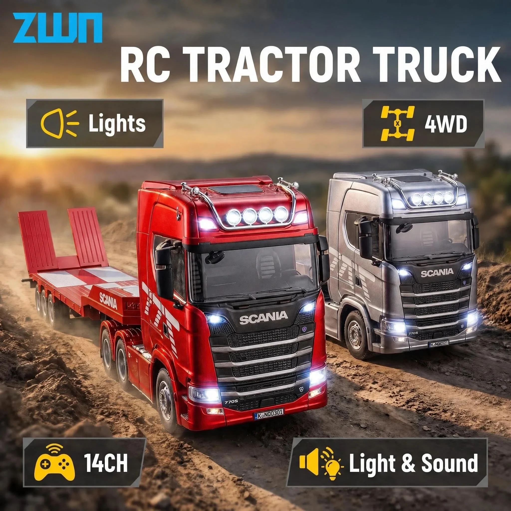 HUINA 1302A 1:24 RC Traktor-LKW mit Lichtern & Sound 14CH 4WD Schwerlast-LKW Legierungs-Schwerlast-LKW-Anhänger Modell Spielzeug als Geschenk für Kinder