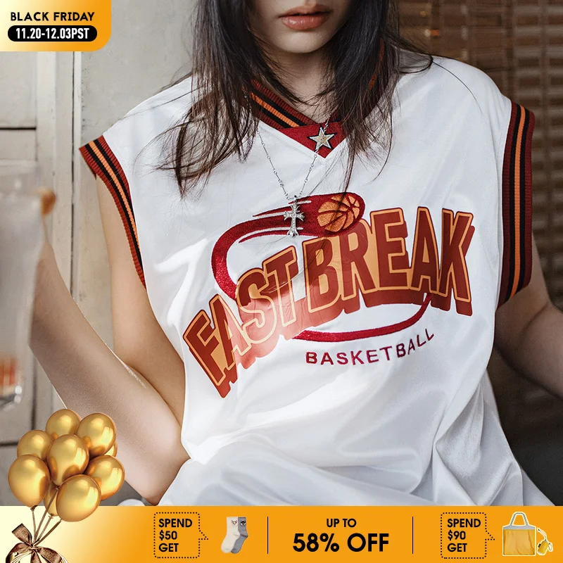 

Maden Vintage Color-Block Basketball Jersey Women's Loose Fit Sleeveless V-Neck Tank Top with Embroidered Letter Vest for Sports