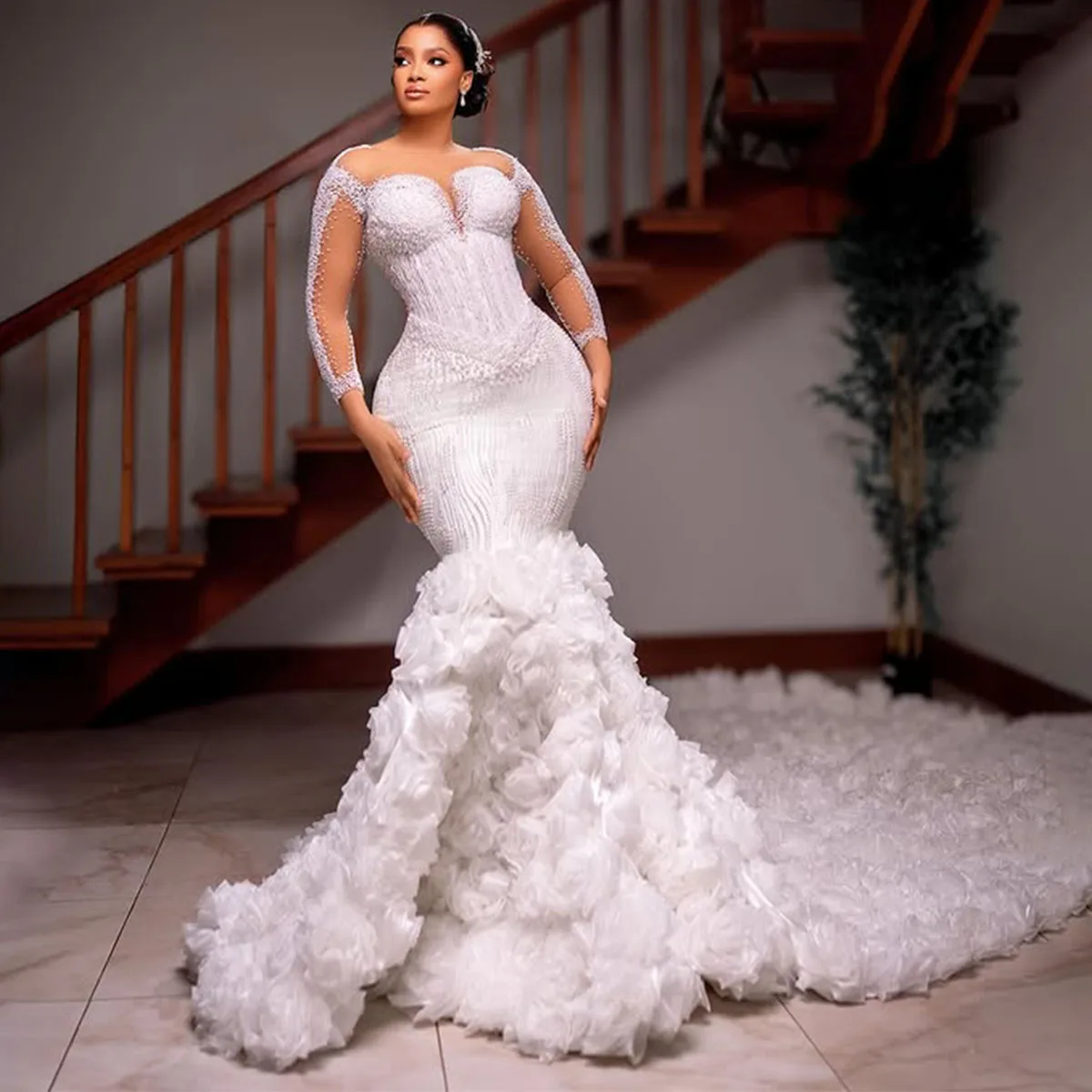 

Роскошное свадебное платье-русалка с 3D цветами и кружевом, украшенное жемчугом, для невесты, с бисерной отделкой, на заказ