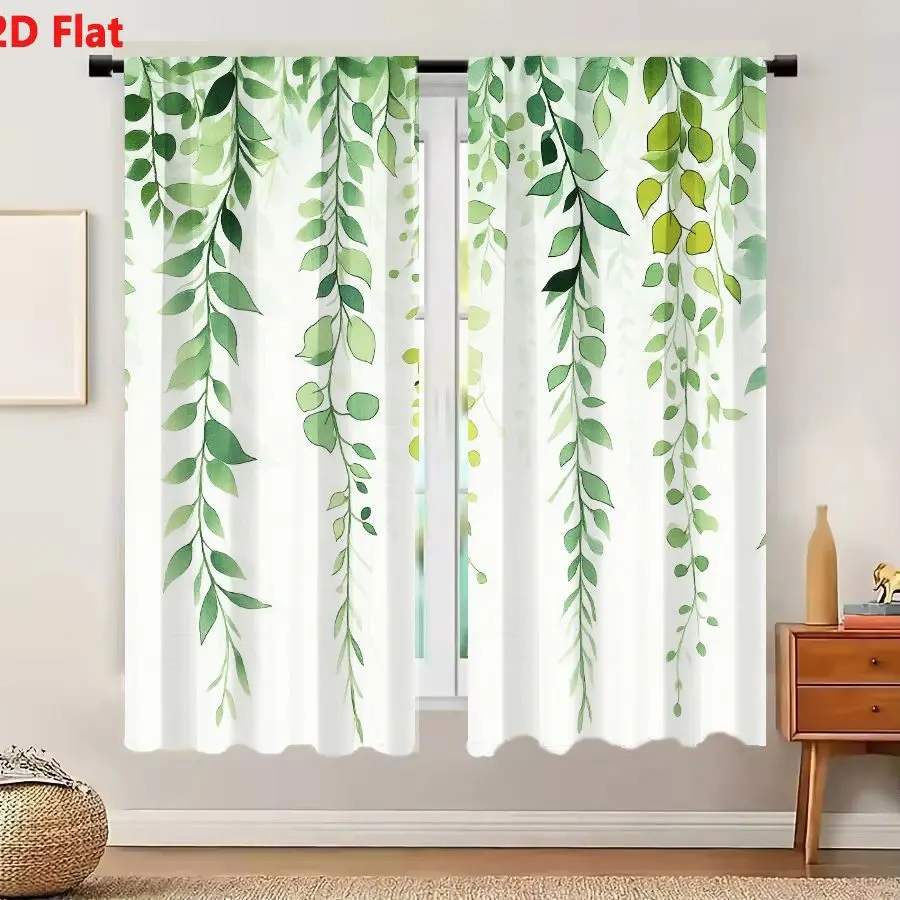2Pcs Curtains 2D Flat Watercolor Green Leaves And Vines Hanging Illustration On Light Off White Background Window Drapes for Bed