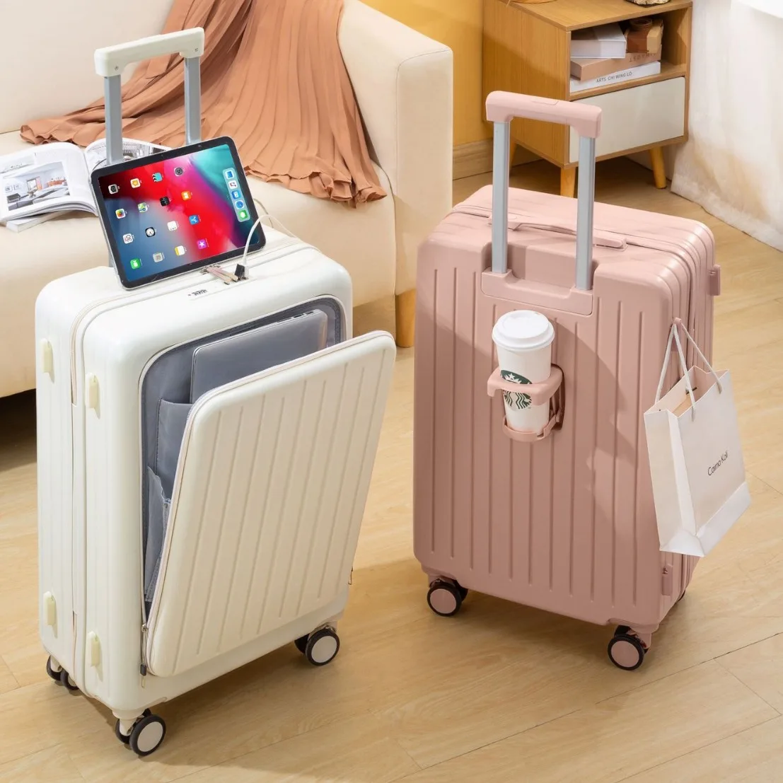 Front opening multifunctional suitcase, female student 20-inch new boarding trolley case, male password case.