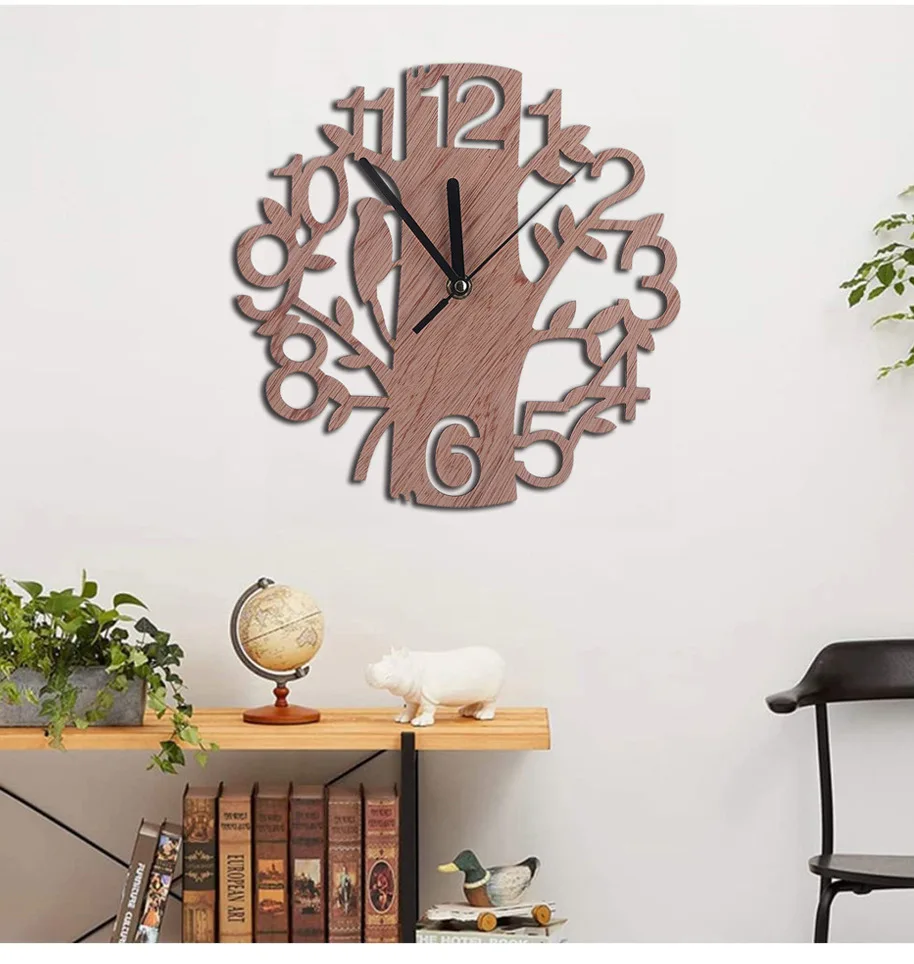 Modern Design Nordic Wall Clock Creative Hollow Design Wooden Birds Wall Clocks Silent Quartz Needle for Living Room Decorations