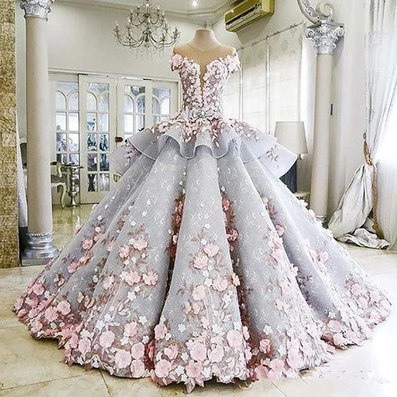 Gaun Pesta Lengan Pendek Manis Organza Maktumang Gaun Pengantin Gaun Pesta Lengan Pendek Renda Pink Applique Bunga-bunga Mewah Vestidos Pengantin