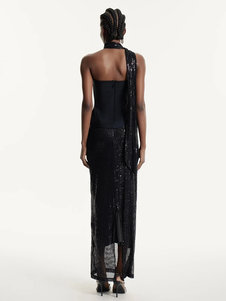 TWOTWINSTYLE Solid Spliced Sequins Two Piece Sets for Women Strapless Sleeveless Spliced Ribbon Vest High Waist Skirt Set Female