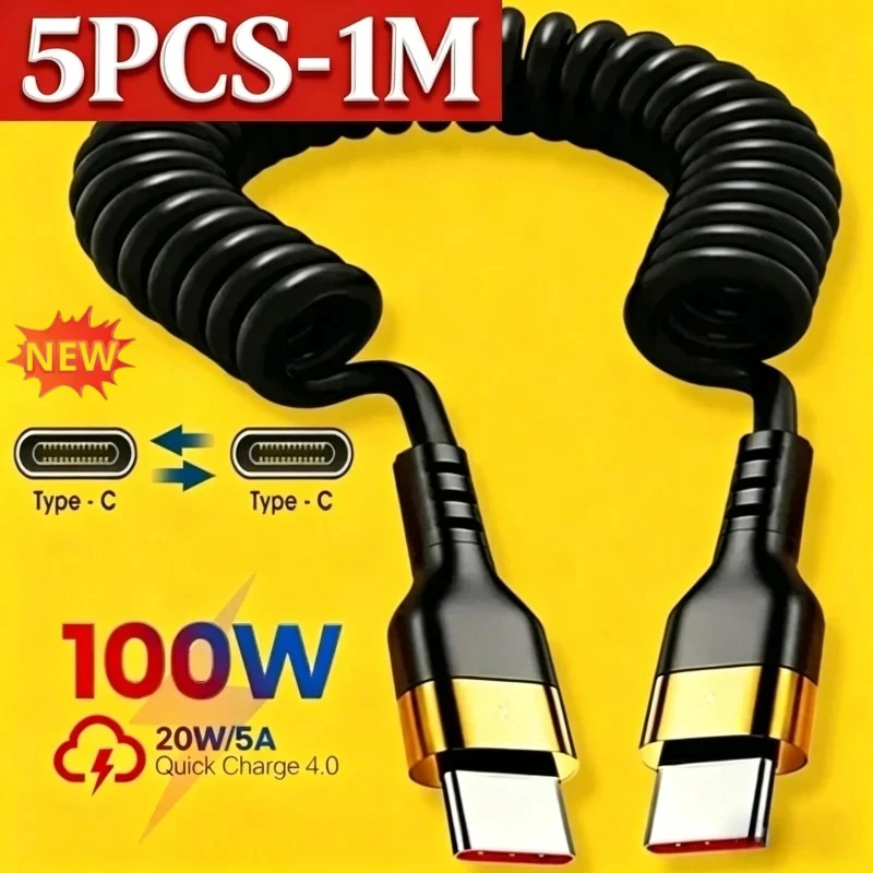 5/1Pcs 120W Type C To Type C Cable 5A Fast Charge USB C Spring Car Charger Cable for IPhone 15 Series Xiaomi 12 Samsung Macbook