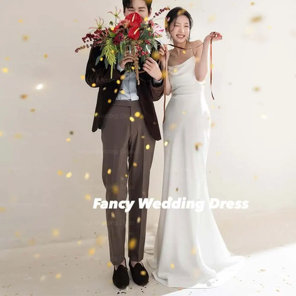 

Fancy Simple Halter Wedding Dress Korea Photo Shoot Mermaid Sleeveless Bridal Gown Floor Length Back Corset Zip 웨딩드레스 Customized