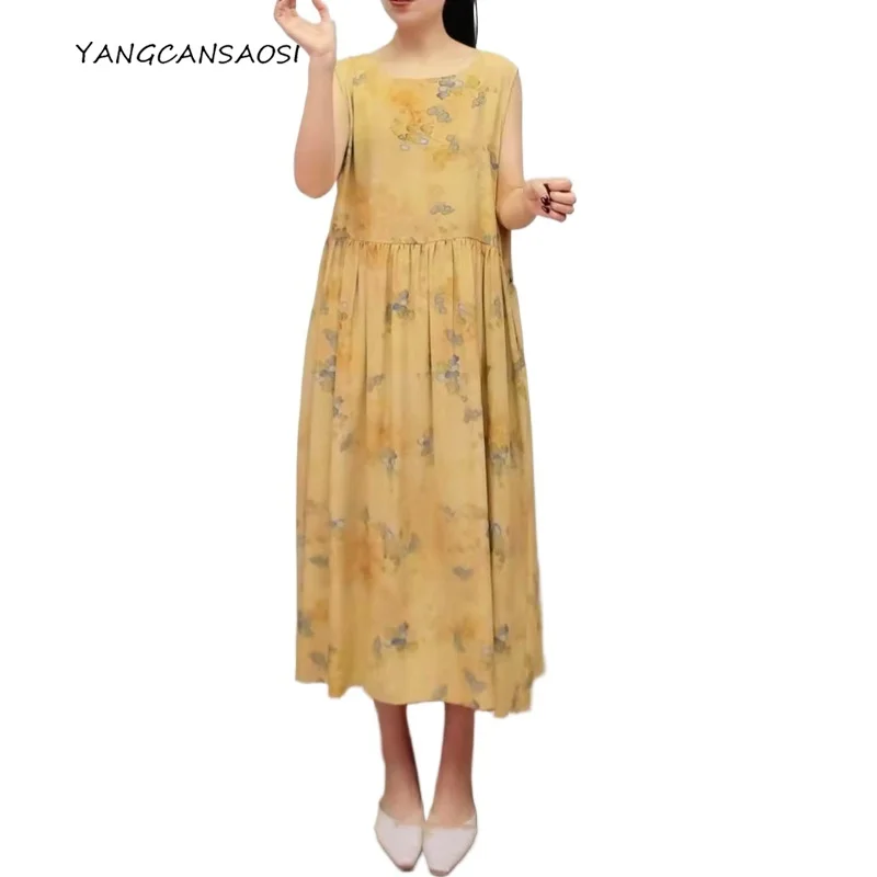 

2025 Women's Fashion Clothing 100% Natural Mulberry Silk 04 Crepe De Chine Round Neck Sleeveless Loose Literary Rice Camel Dress