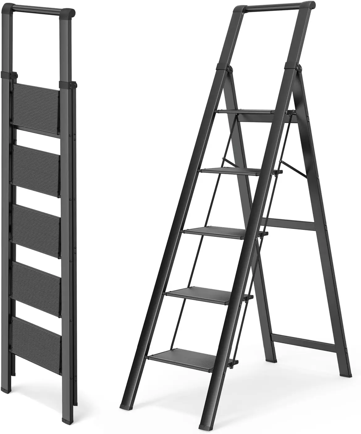 5-Step Foldable Ladder with Anti-Slip Pedals, Lightweight for Home Use, Holds 300lbs, Reaches 10ft - Black