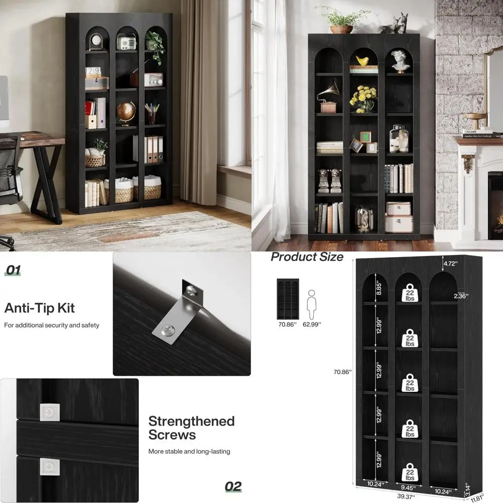 رف كتب مقوس حديث من 5 طبقات من منتصف القرن، خزانة كتب مفتوحة على الطراز القوطي بطول 70.87 بوصة للمكتبة المنزلية