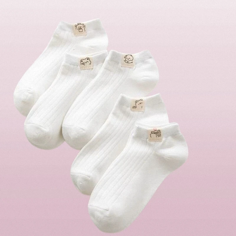 Chaussettes courtes ours blanc pour femmes, tube court invisible, bouche peu profonde, printemps et été, chaussettes bateau fines et mignonnes, 5/10 paires