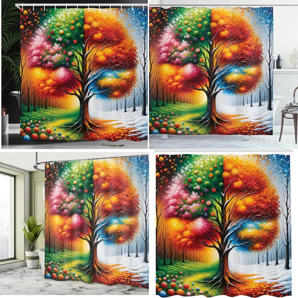 

сезонная переходная занавеска для душа: зимние леса и луговые цветы на прочной тканевой ткани.