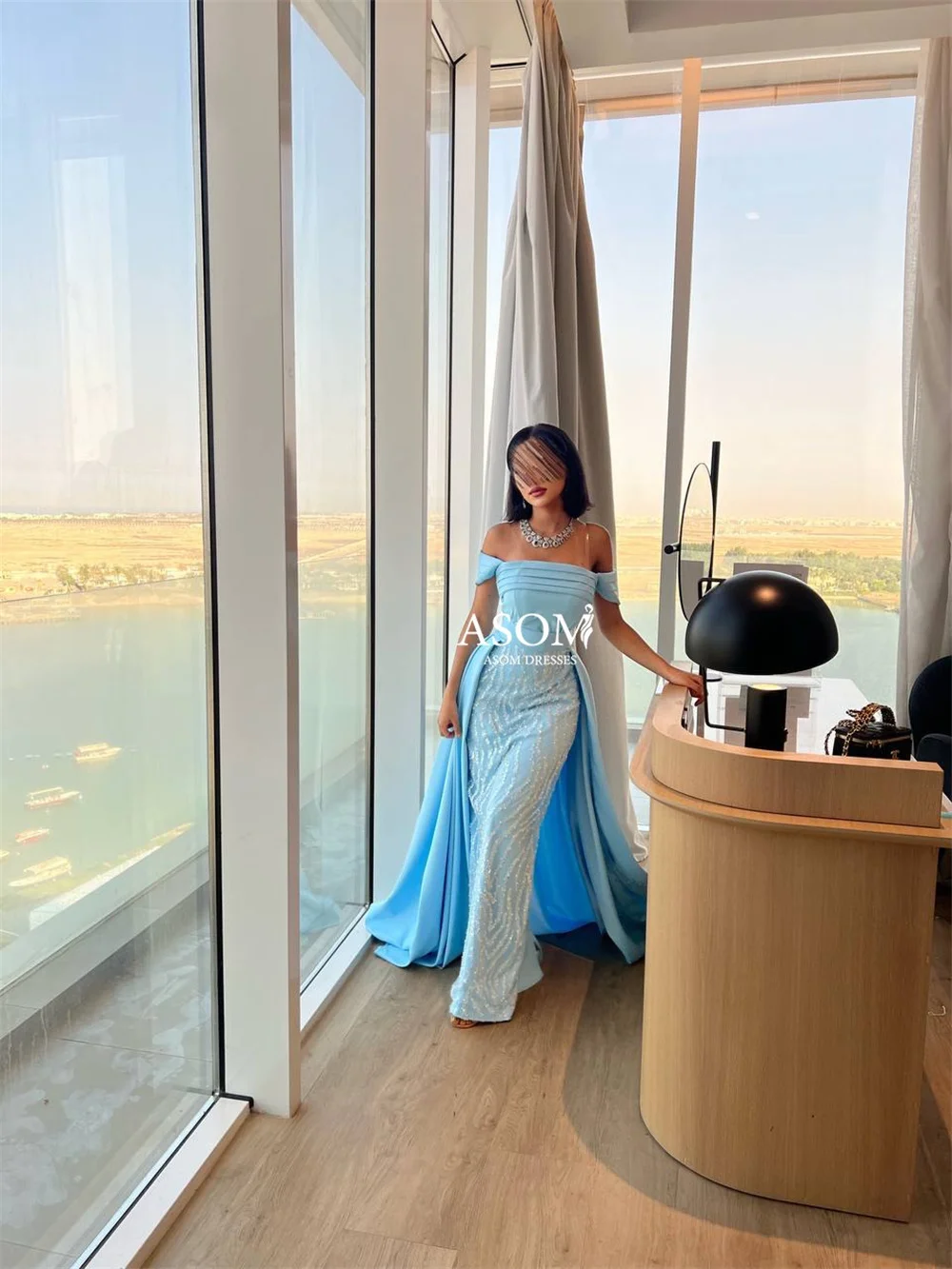 Bella Blue Satin Prom Dresses Off the Shoulder Mermaid فساتين سهرة Elegant Floor-length Detachable Train Vestidos De Fiesta 2024