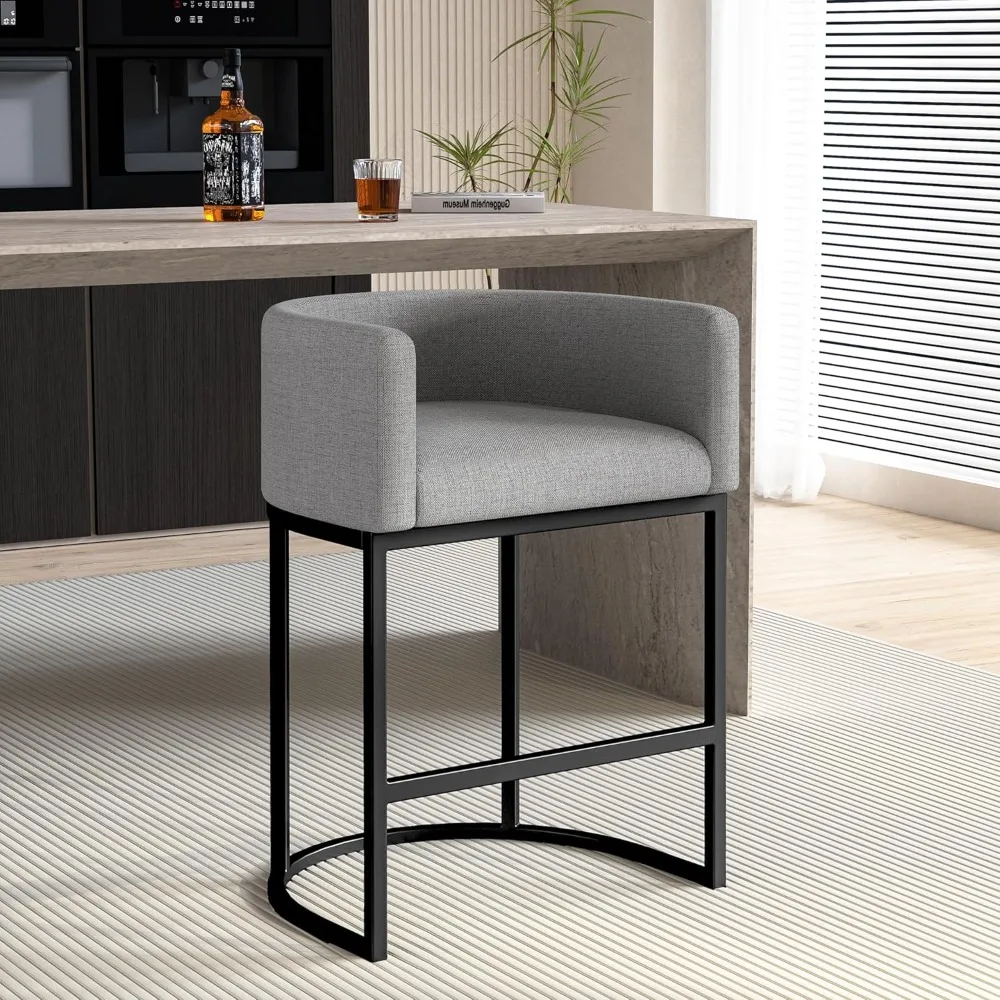 

26" H Counter Height Bar Stools, Modern Barrel Counter Stools with Backrest and Arms, Linen Fabric Upholstered Accent Barstools