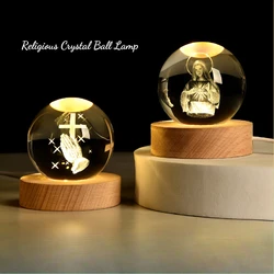 Gift 3D Carved Crystal Ball Luminous Night Light Ornament Cross Christian Church Event Souvenir Jesus Lamp Religion Bible Priest