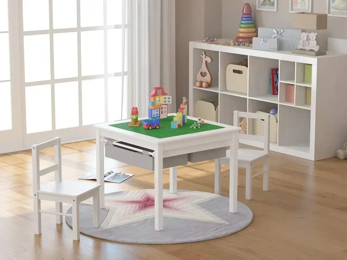 Wooden 2 in 1 Kids Construction Play Table and 2 Chairs Set with Storage Drawers, and Built in Plate Compatible with Lego and Du