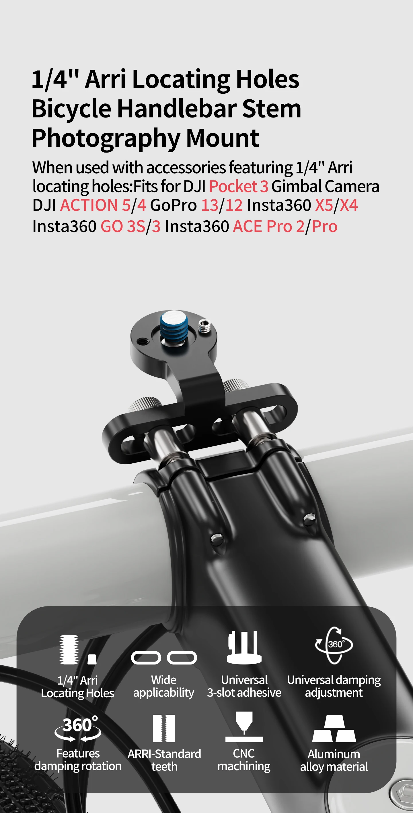 1/4 Schraube Fahrrad Vorbau Kamera Halterung Verstellbare Halterung für GoPro 13 DJI OSMO 360 Action Pocket3 Insta360 Fahrrad Lenker Ständer – Detail 1