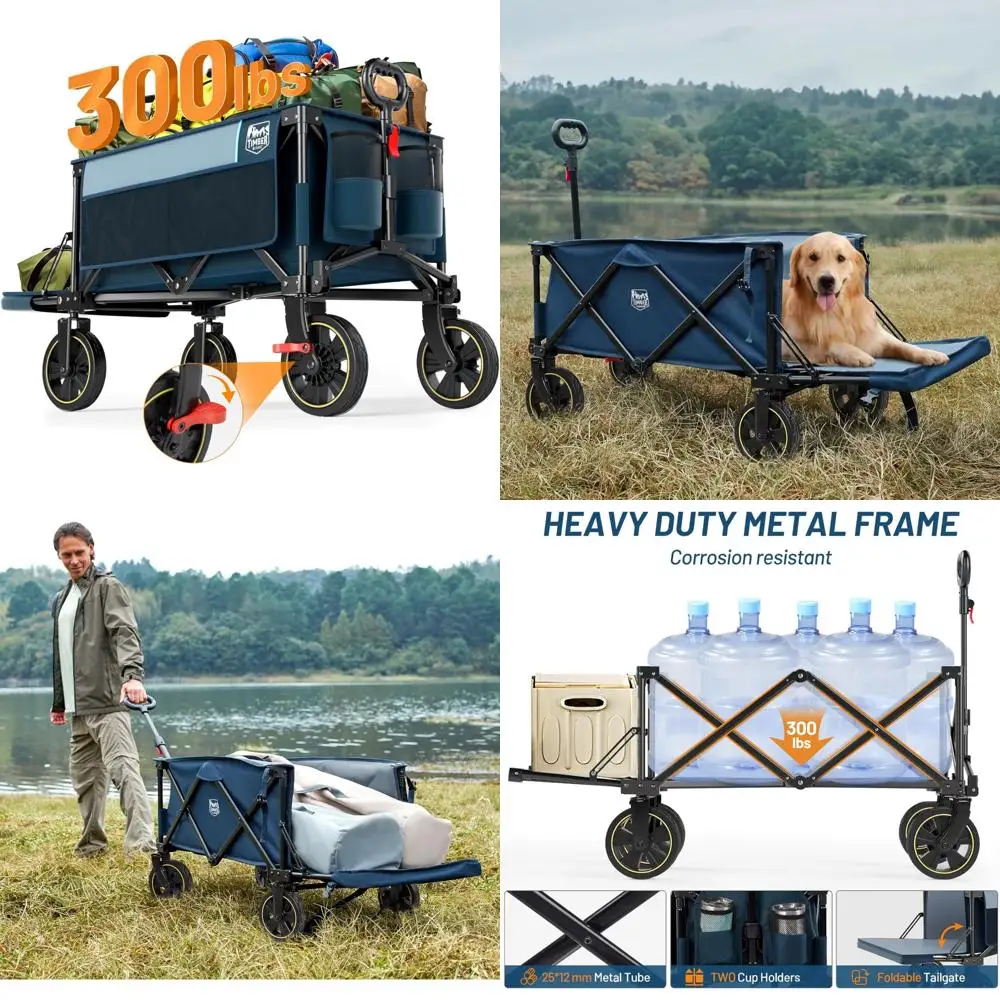 عربة شديدة التحمل بسعة 300 رطل وقابلة للطي طويلة جدًا مع باب خلفي وفرامل، عربة أدوات قابلة للطي للمغامرات الخارجية