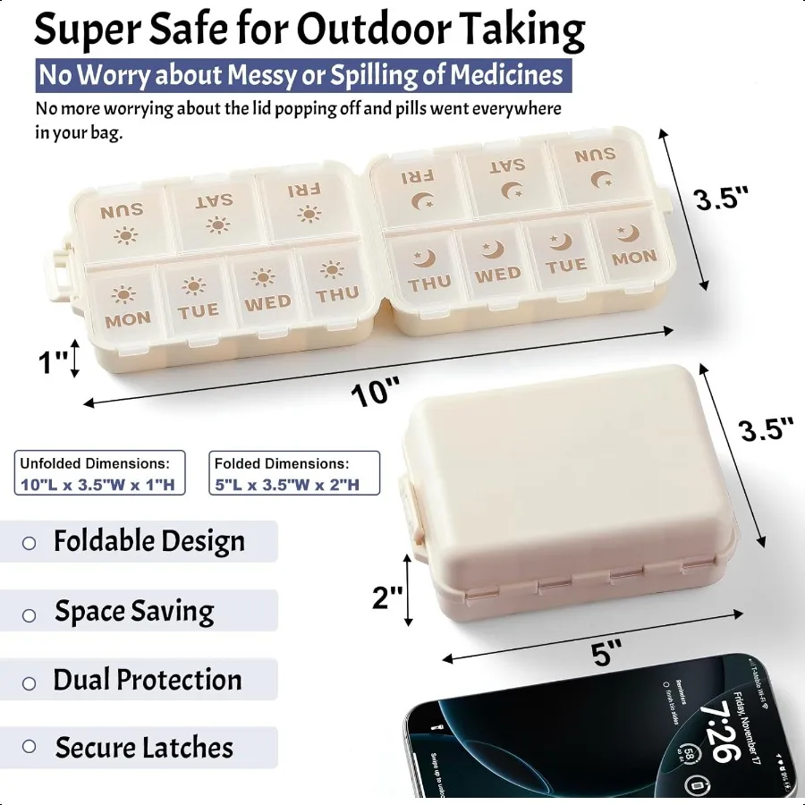 منظم حبوب أسبوعي جديد قابل للطي وحماية مزدوجة لمدة يومين مع ملصقات محفورة AM PM 7 أيام الأسبوع Medicine Bo #3