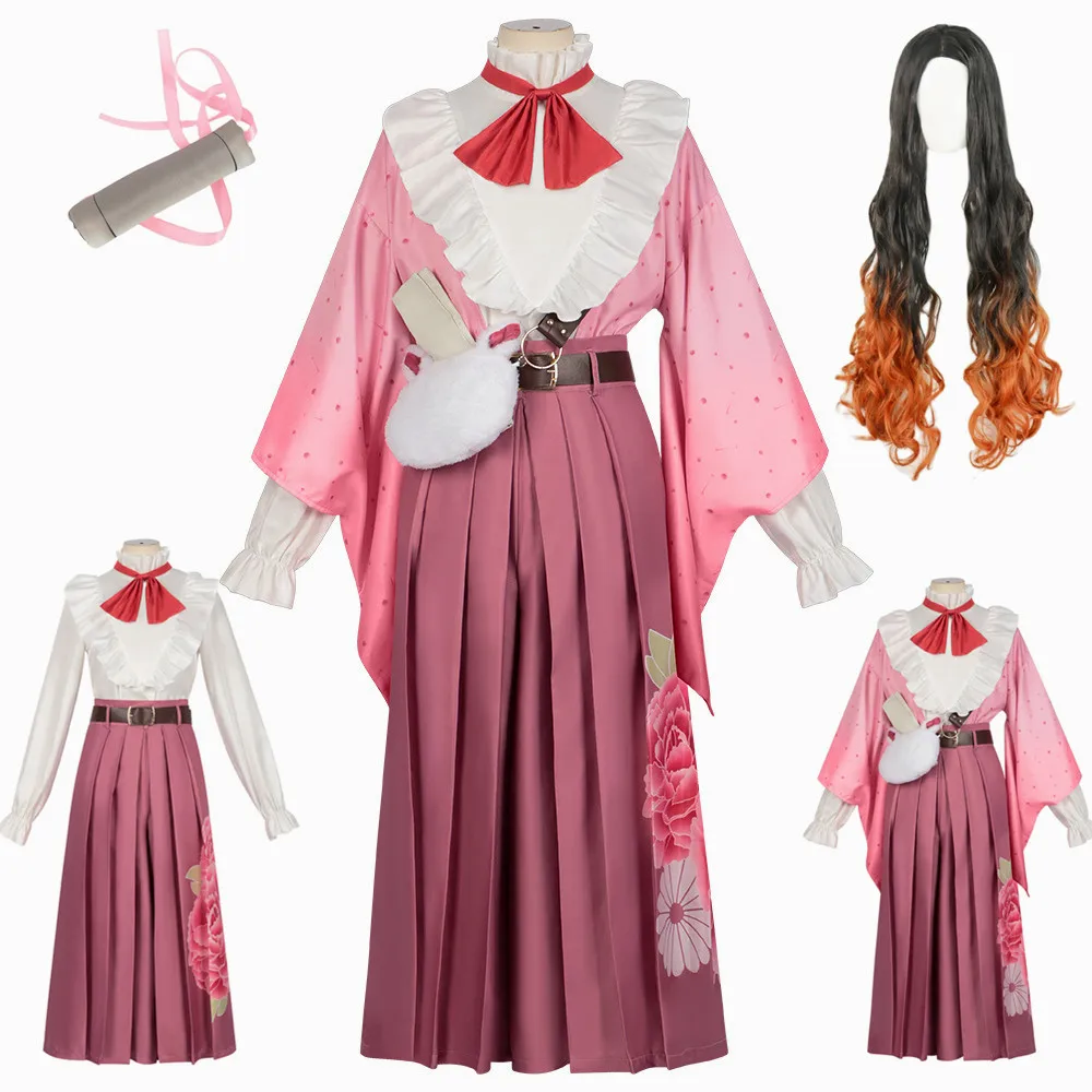 

New Kamado Nezuko Cosplay Costume Nezuko New Kinomo Uniform Bamboo Wig Bag Belt Pink Flower Full Set Suit Woman Cosplay Costume