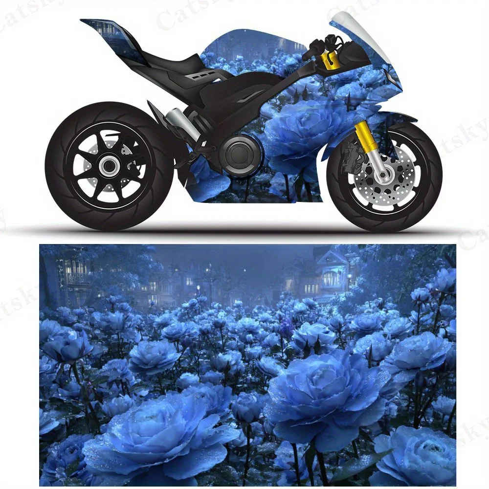 

Наклейки на пленку для мотоциклов Blue Rose Garden Night View, прочные клейкие наклейки из ПВХ для индивидуальной настройки мотоцикла, устойчивые к атмосферным воздействиям