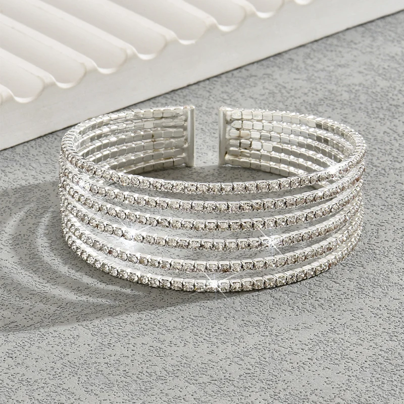 Obega Chic Multilayer Cuff Bracelet Full Shiny Cubic Zircon Korean Bangles Classic Silver Color Daily Wear Wedding Jewelry