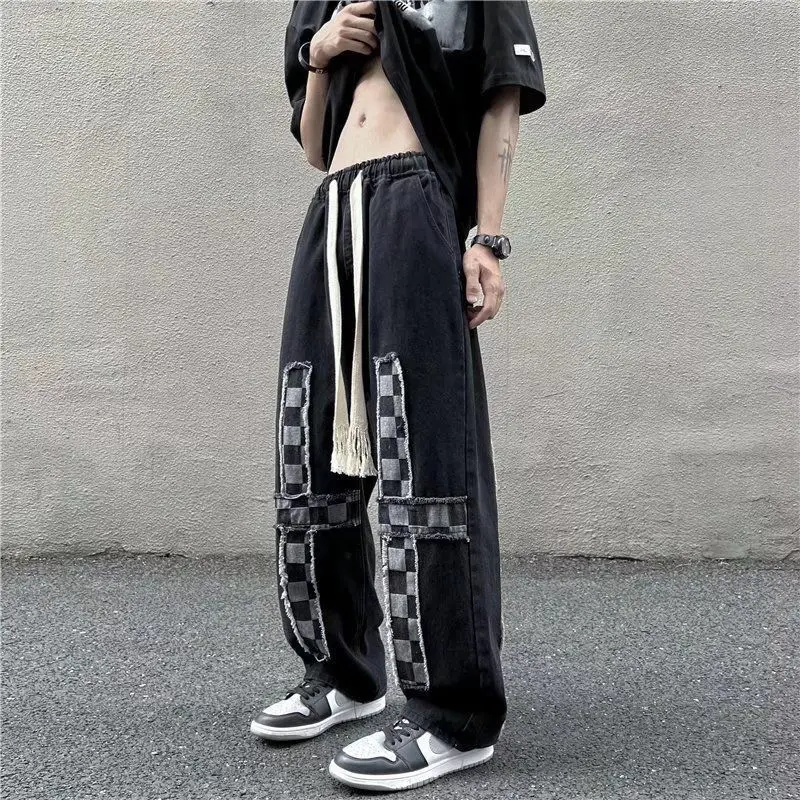 European And American Street Trend Retro Pants Tie Dyed Plaid Jeans Summer Loose And Versatile Straight Leg Pants