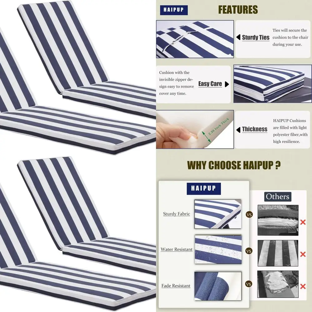 

Blue & White Stripe Chaise Lounge Cushions Set of 2, Weatherproof for Outdoor & Indoor Use, Ideal for Patio, Backyard, Poolside,
