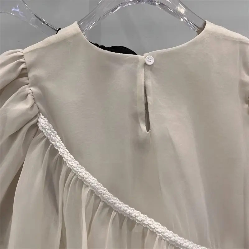 Summer women\'s casual fashion elegant commuting solid color loose splicing pleated French niche bubble sleeve doll chiffon shirt