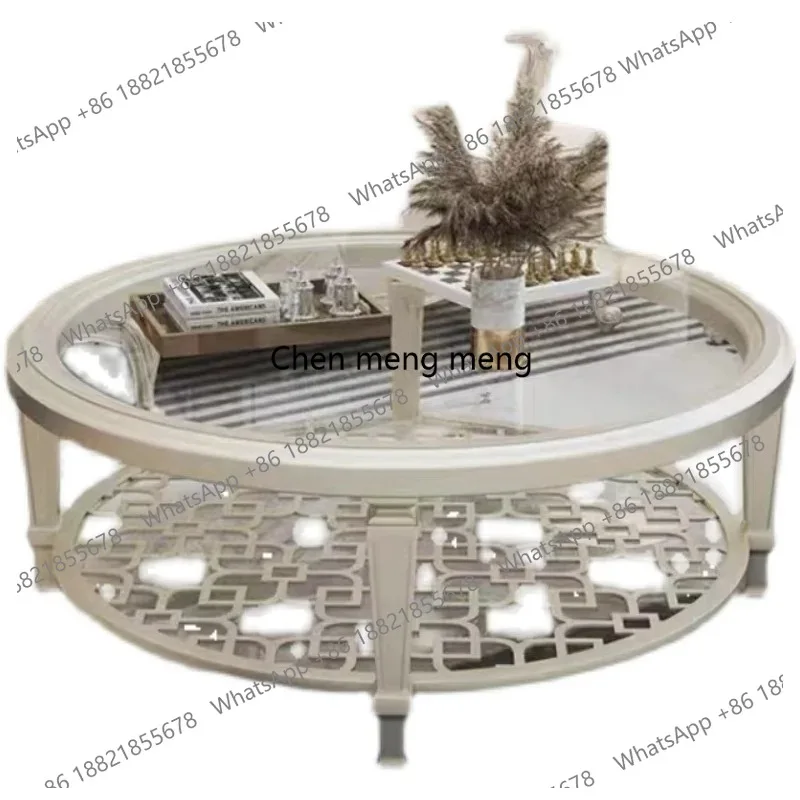 

American light luxury round coffee table simple post-modern carved tempered glass solid wood