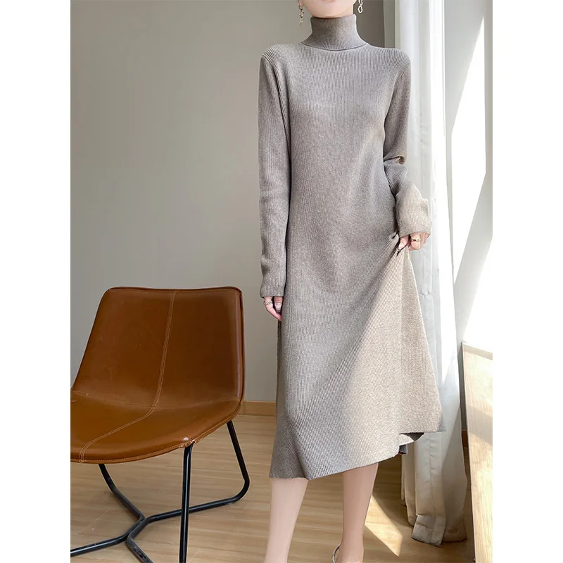 Autumn And Winter Solid Color Medium Long Knitted Dress Women's High Neck Loose Sweater Pullover Long Sleeved Knitted Skirt