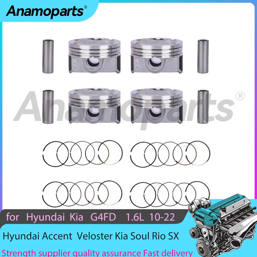 G4FD 4pcs STD pistons & piston rings kit for 12-22 Hyundai Elantra Accent Veloster Kia Rio SX Soul LX 1.6T 1.6L 230412B620