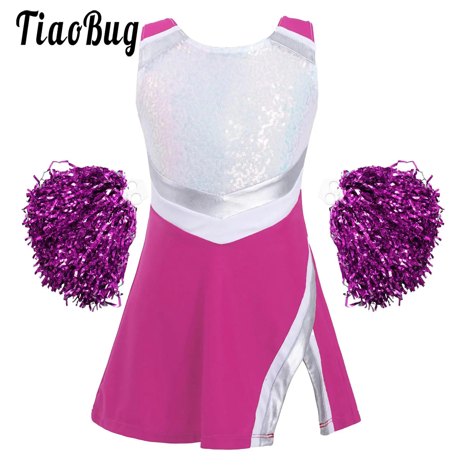 Girls Kids Sports Cheer Leader Outfits Cheerleading Costume Schoolgirl Uniform Carnival Party Halloween Dress with Pompoms Socks