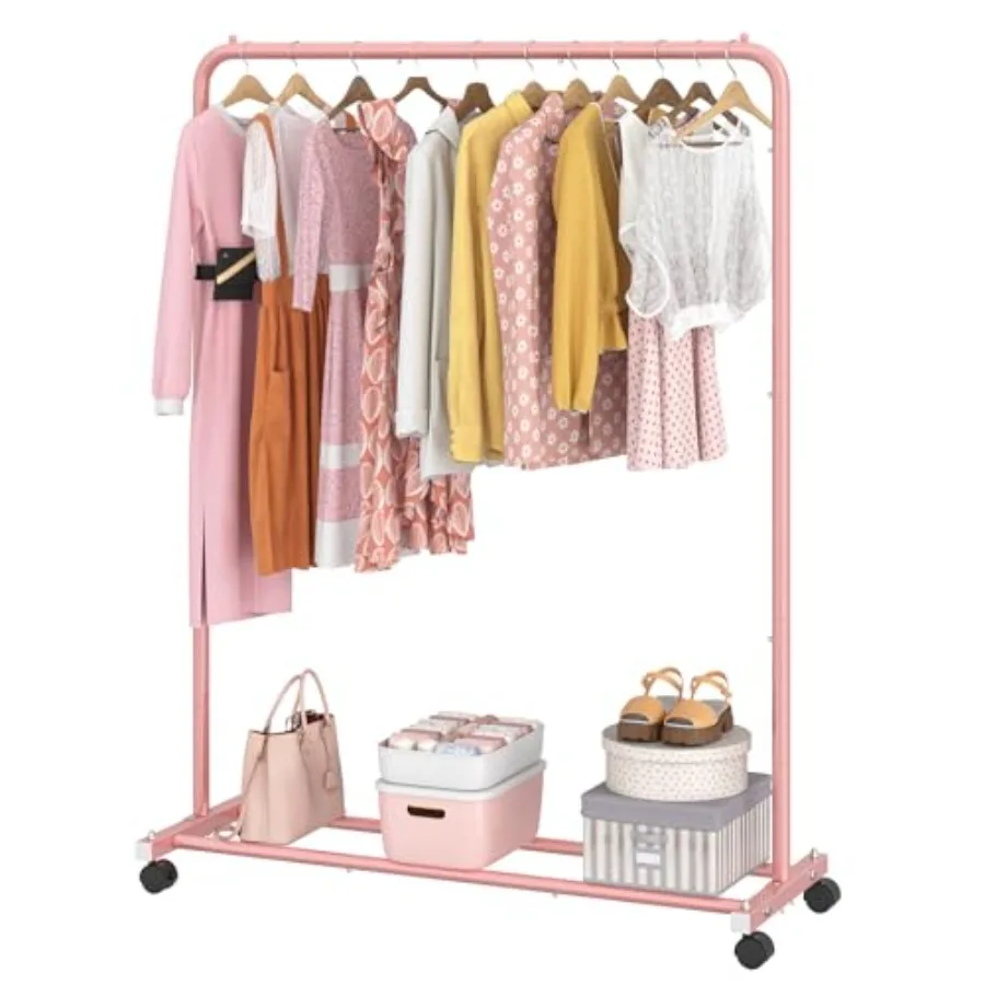 

Standard Clothes Clothing Garment Rack with Storage Shelves Rolling Clothes Organizer on Wheels for Hanging Clothes Pink