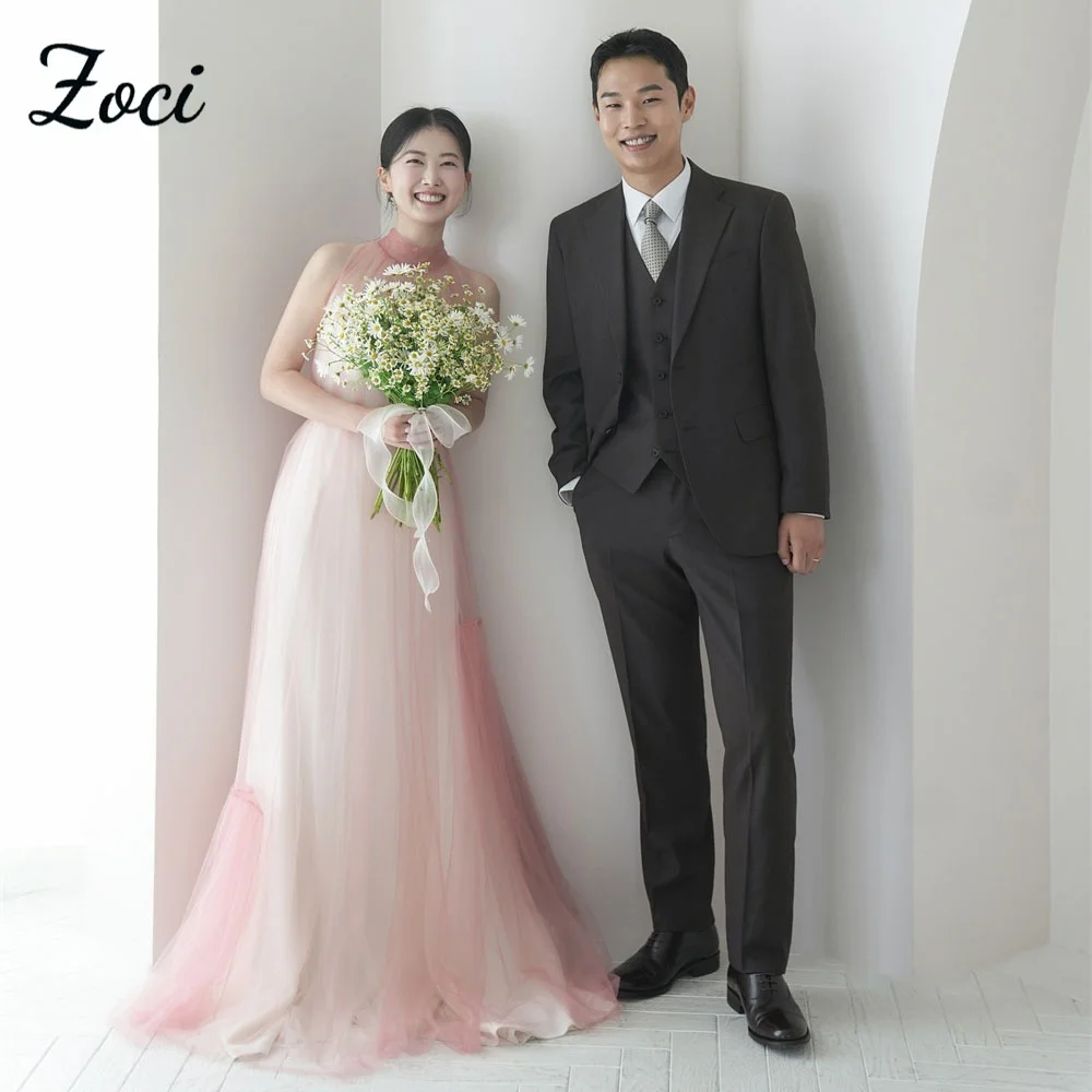 

Zoci Fairy Tulle Pink Korea Wedding Dresses Photo Shoot Sleeveless Draped Bridal Gown A-line Sweep Train Custom Evening Dress