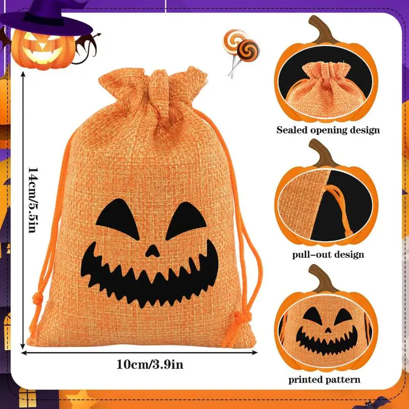 Halloween-Geschenktüten mit Kordelzug, Kürbis-Geister-Druck, 1/5 Stück, wiederverwendbare Süßigkeitentüten für Süßes oder Saures, Kinderparty-Geschenke – Detail 7