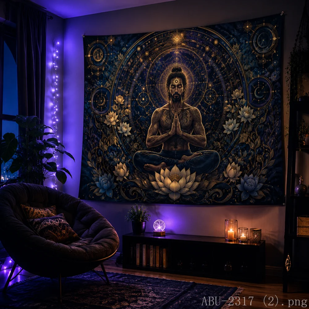 VIKAMA Trippy Cosmic DJ Tapestry Neon Lights Planets Décoration murale tendance pour chambre à coucher et salon