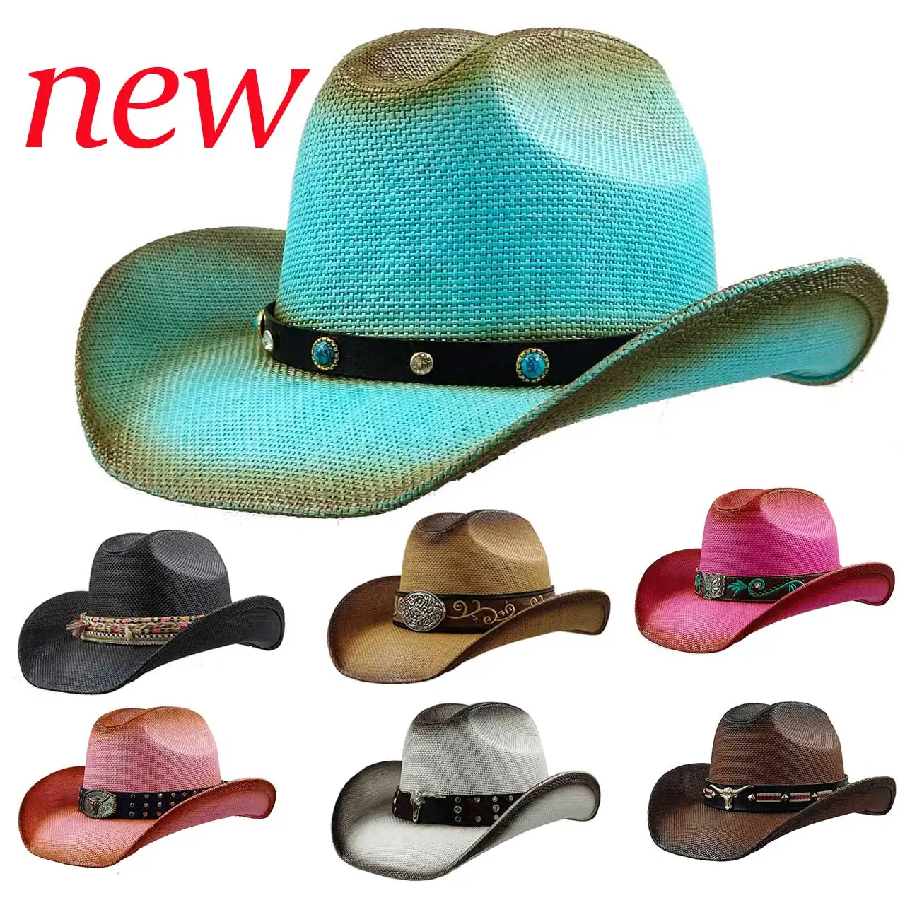 Blue straw cowboy hat men's and women's outdoor sun protection beach hat western cowboy hat wide brim hat