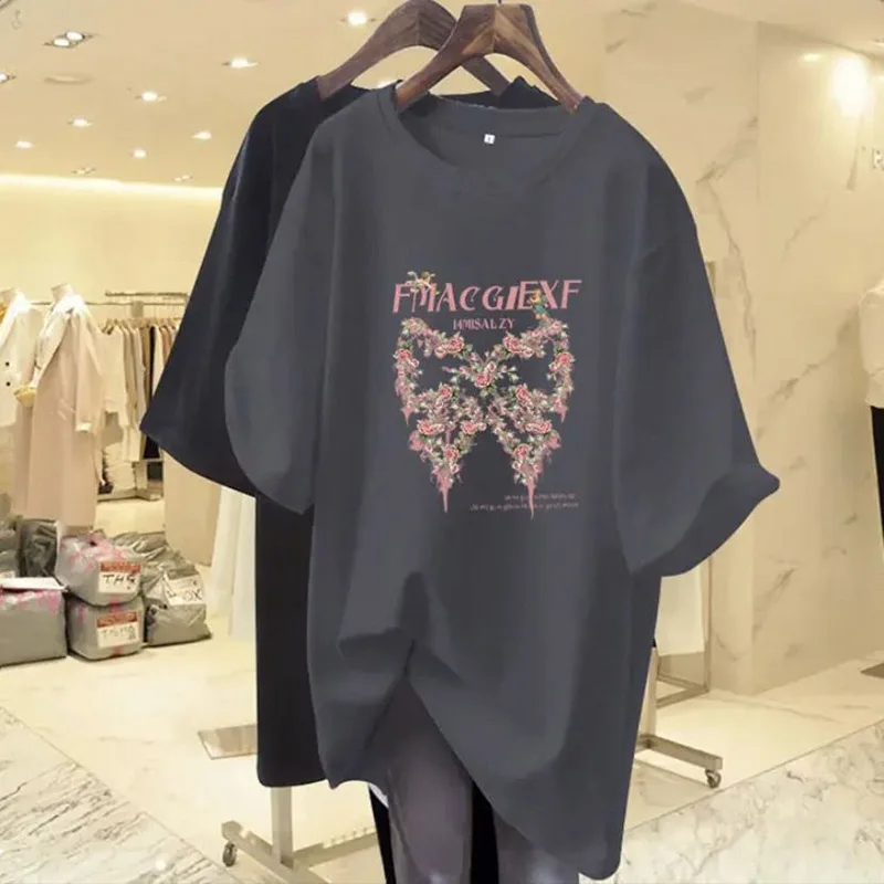 

Women Clothing Fashion All-match Casual Loose Bow Printing T-Shirts 2024 Summer New Pure Cotton Tees Lady Basic Crew Neck Tops