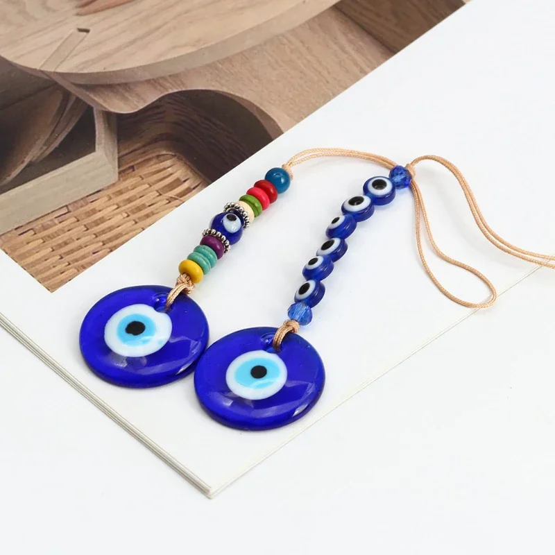 Lucky Eye Braided Rope Cross Heart Tassel Wall Hanging Handmade Glass Turkish Evil Eye Pendant Keyring for Home Living Room Car