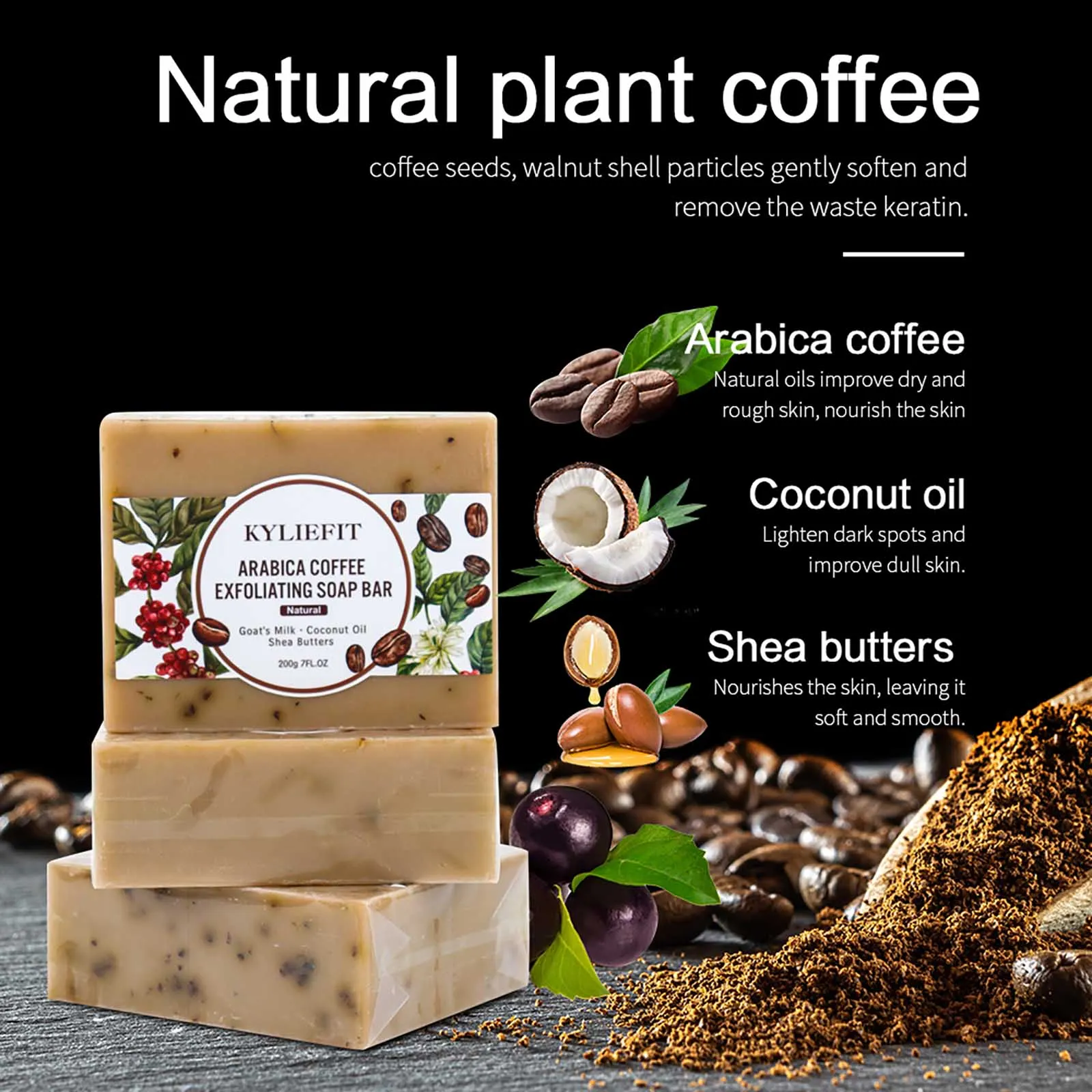 KYLIEFIT Exfoliating Coffee Brighten Soap for Hydrating Elastic Skin, Intense Exfoliation, Visibly Reduces Dark Spots