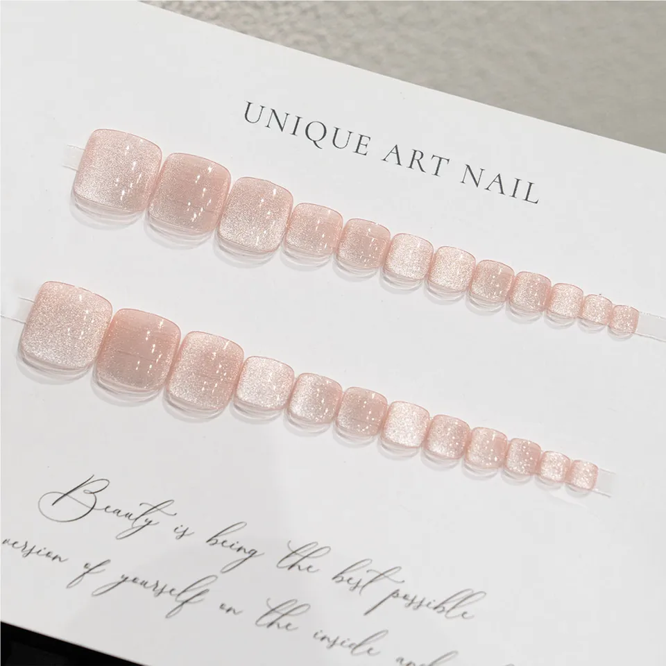 24 piezas de uñas postizas para pies, color rosa nude, efecto ojo de gato, brillantina, cuadradas, de moda para verano 2