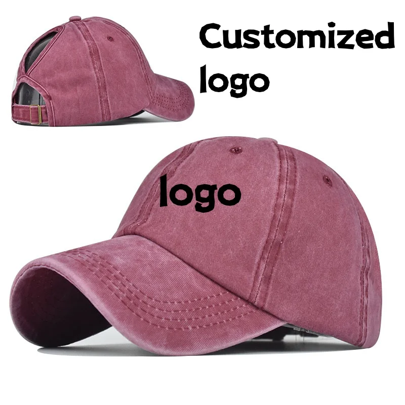 

Personalized Logo Washed Baseball Cap with Ponytail Hairband for Women in Spring and Summer, Outdoor Sports Sun Hat