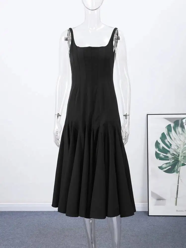 Elegant Slip Long Black Dress Women Backless Sleeveless Pleat A-Line Dresses Female 2026 Summer Lady Robes