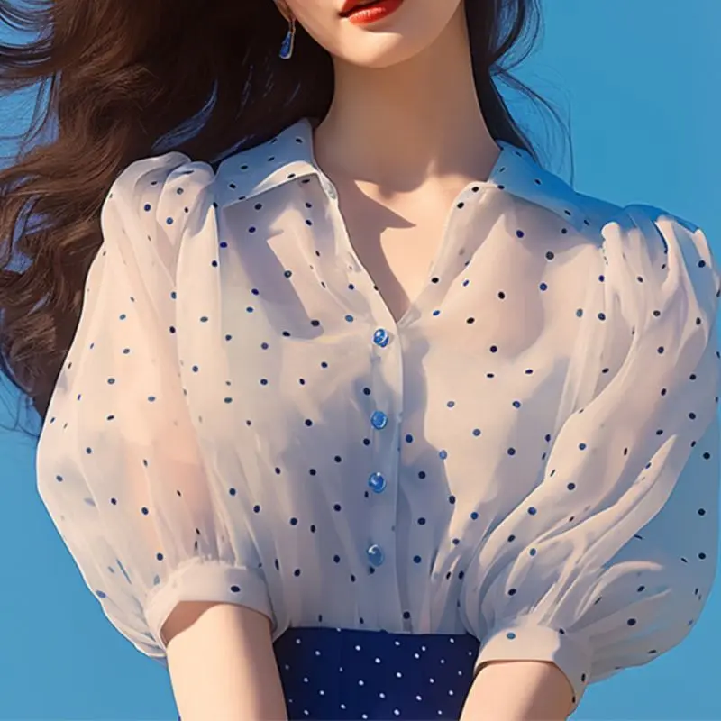 

Polka Dot Shirt Women Fashion Casual Short Sleeve Blouse Summer New Korean Tops Thin