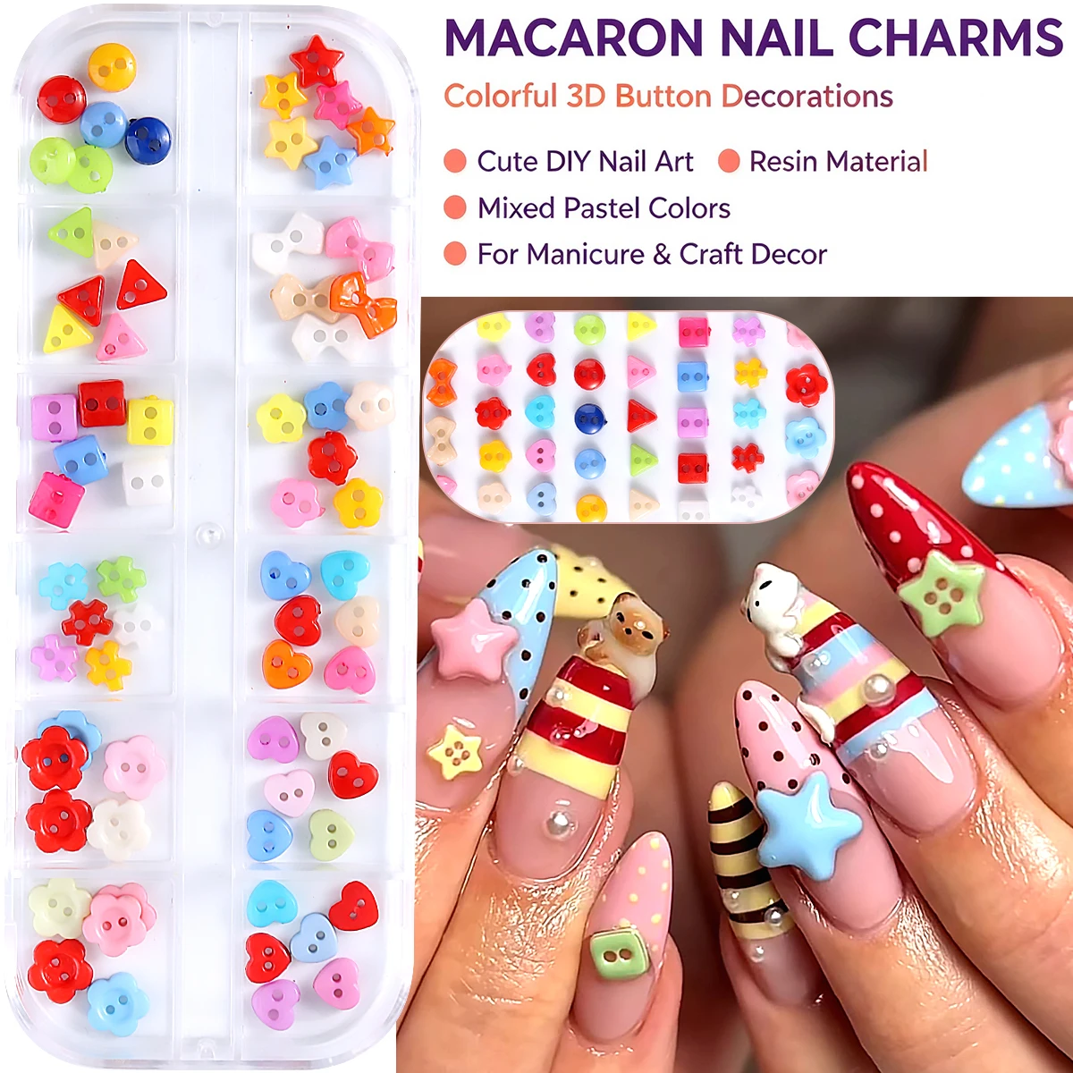 3D Resin Button Nail Charms Macaron Color Heart Flower Star Flat Back Nail Decorations Cute Kawaii Colorful Buttons Nail Art Sup