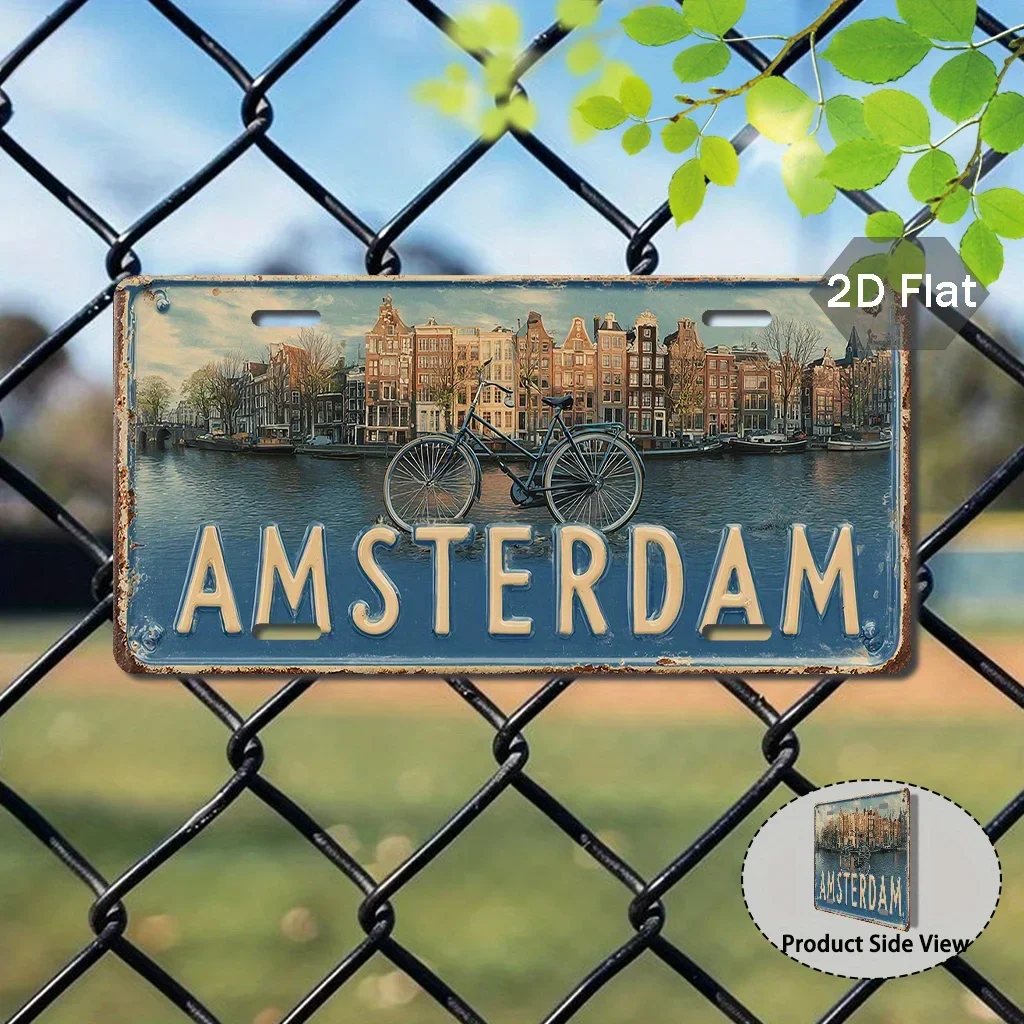 2D Flat - 1pc Vintage Amsterdam Decorative Sign | Dutch Retro Car Number Plate With Black Chain - Large Heavy-Duty Metal-Like