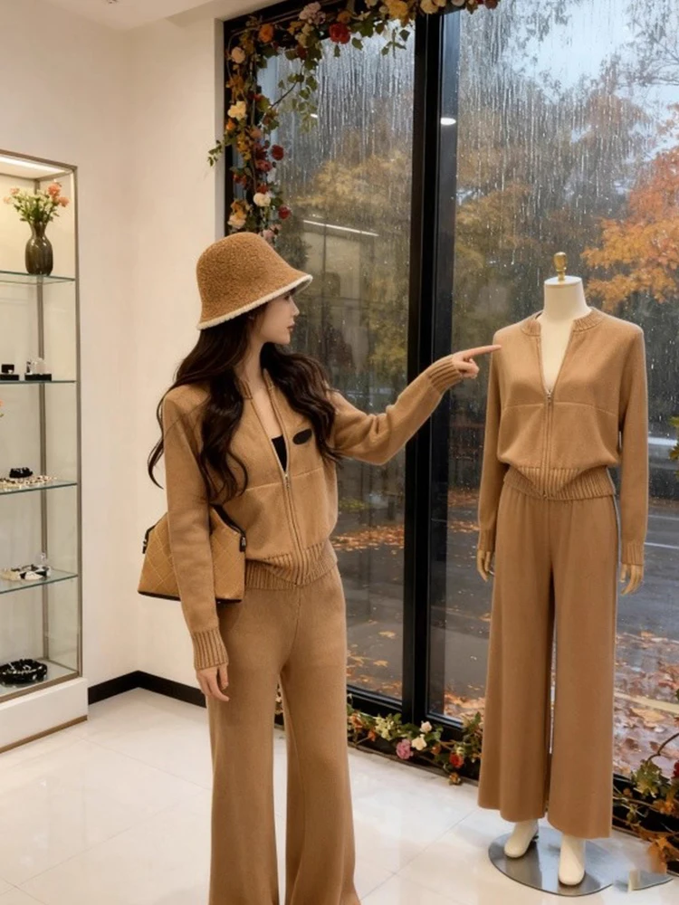 

Корейская женская вязаная шапка, повседневные брюки, свитер, осенне-зимний модный костюм из двух предметов с высокой талией, однотонный свободный крой