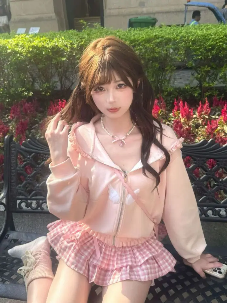 

Sweet Pink Kawaii 2 Piece Set Cute Hoodie Coat + Plaid Pleated Skirt Harajuku Fashion Fairy Japanese College Style Outfits 2025