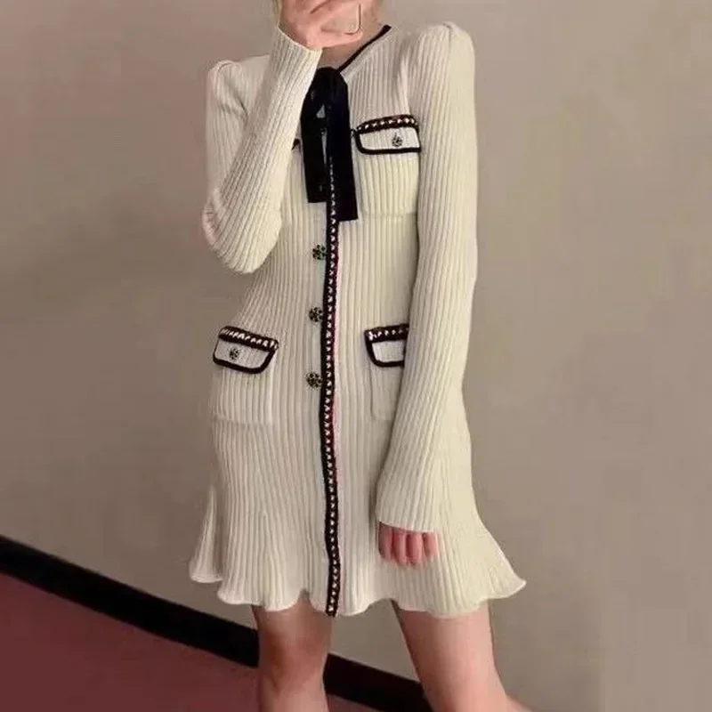 

Elegant Lady Long Sleeve Knitted Dresses Casual Single Breasted Mini Dress Spring 2023 Vintage Four Pocket Vestidos for Women