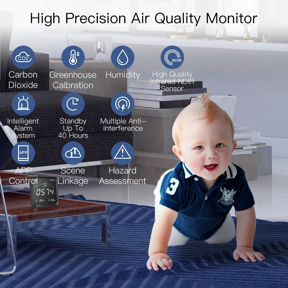 MOES Detektor Karbon Dioksida Kualitas Udara dengan Jam Alarm, Monitor Suhu, Penguji Kelembaban Udara, WiFi/BT,Tuya Smart,3 In 1,CO2